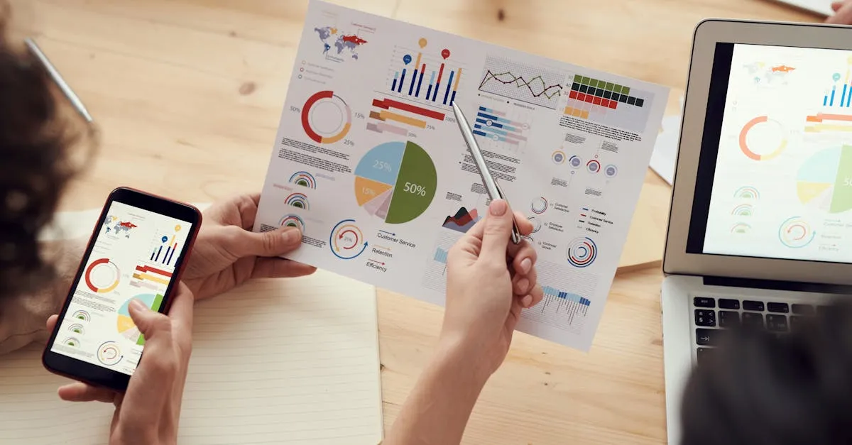 personas trabajando con informes de gráficos en papel, móvil y portátil