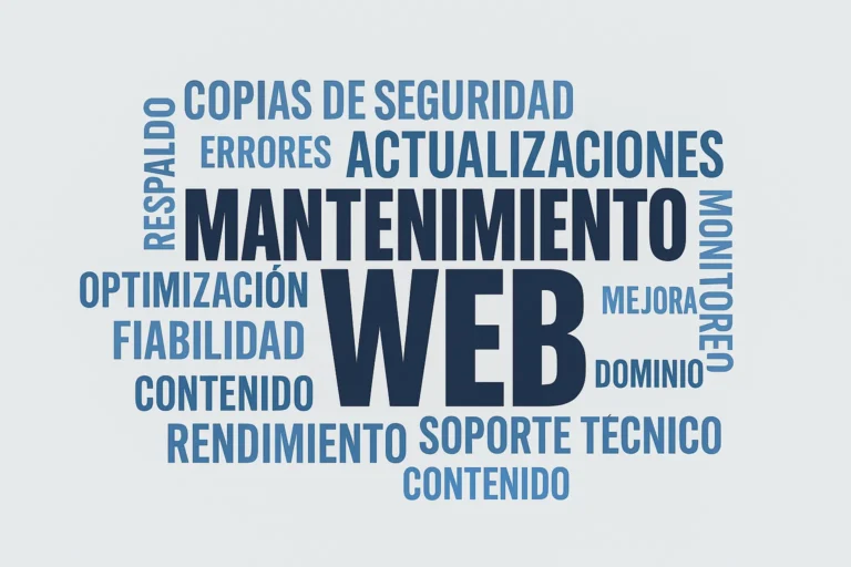 nube de palabras con la palabra central mantenimiento web relacionadas con el mantenimiento de una web, soporte técnico, dominio, mejora, monitoreo, rendimiento, contenido, fiabilidad, optimización, actualizaciones, copias de seguridad, respaldo, mejora