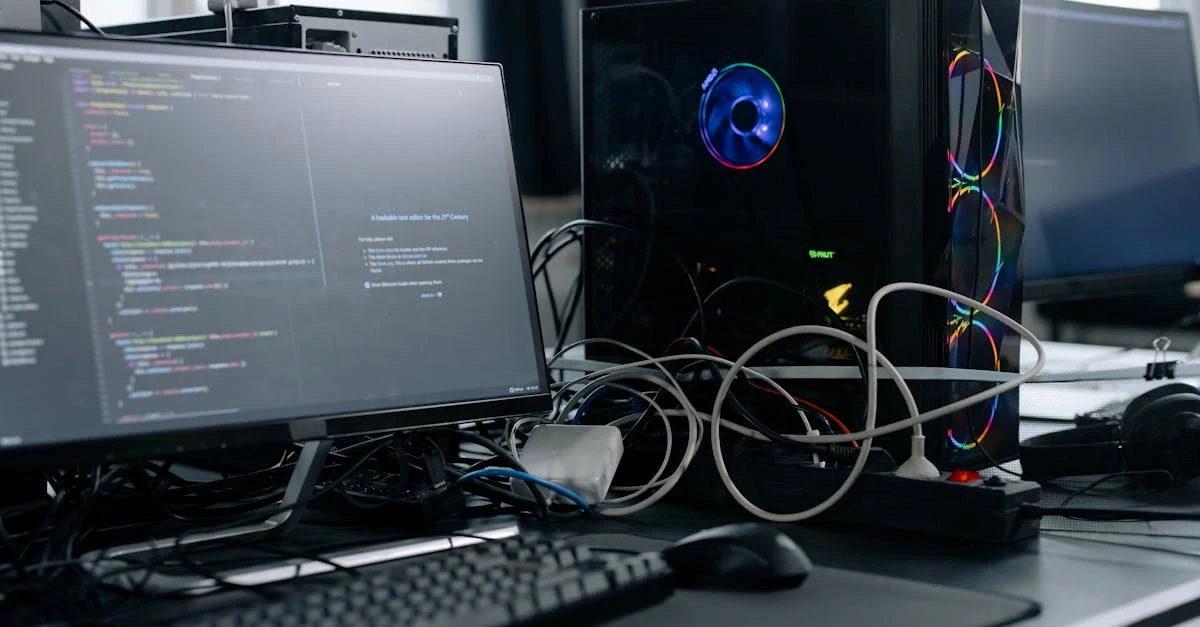 Un espacio de trabajo moderno con un monitor de computadora con código, una torre de PC y periféricos.