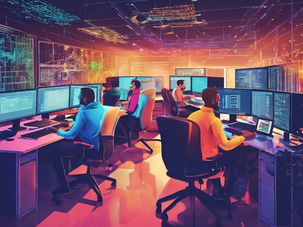 dibujo de personas en una oficina trabajando con ordenadores con código de programación