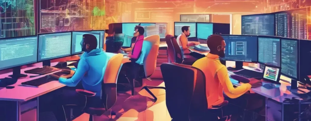 dibujo de personas en una oficina trabajando con ordenadores con código de programación