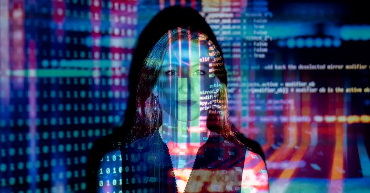 Una mujer con proyecciones de códigos digitales en su rostro, representando tecnología y conceptos futuros.