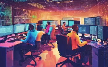 oficina-creadores-web dibujo de personas en una oficina trabajando con ordenadores con código de programación